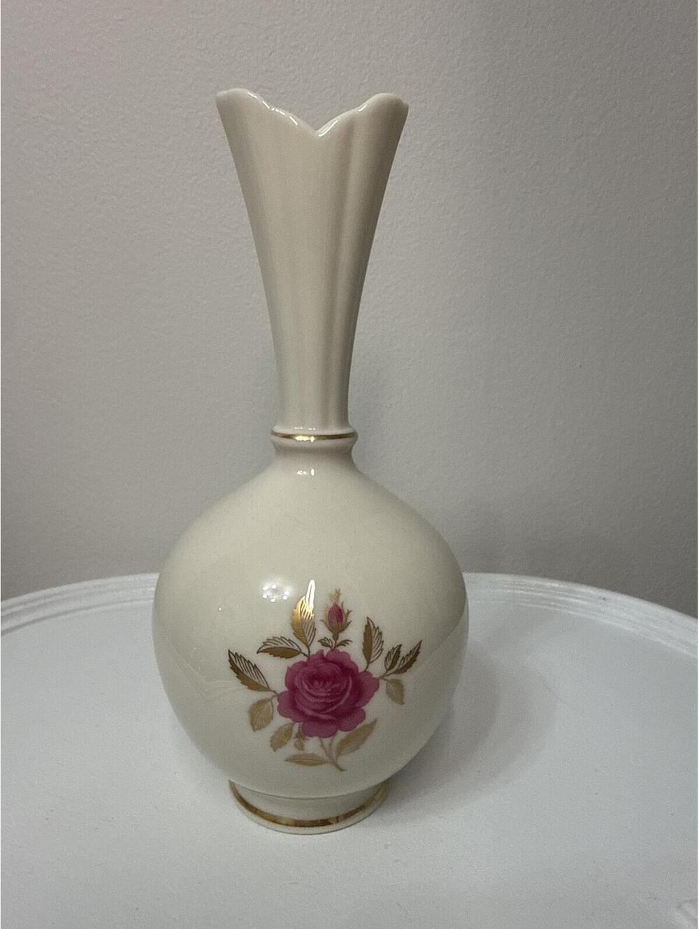 Vintage Lenox USA Porcelain Bud Vase Pink Rose Gold Trim Fluted Neck Floral